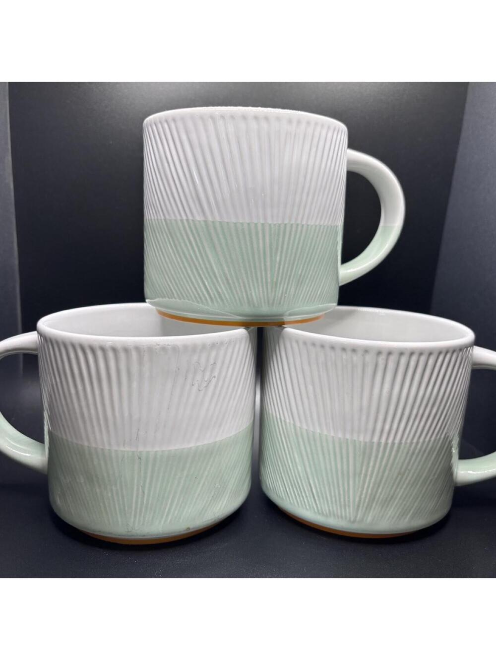 ✨ Vintage 2014 Starbucks Seafoam Green & White Ribbed Set of 3 Stacking Mugs